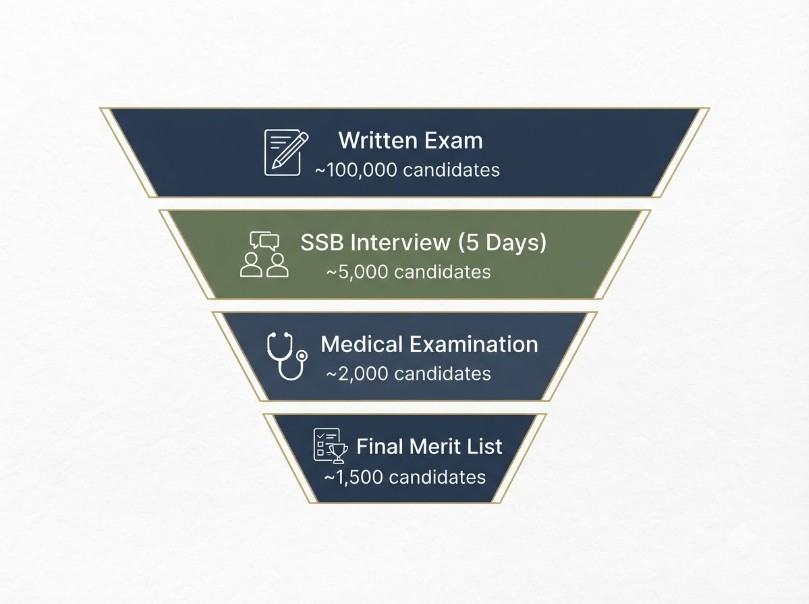 CDS selection process funnel from written exam to final merit list.