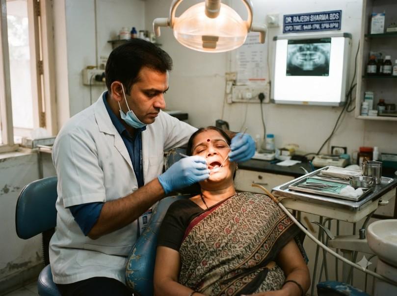 Dentist examining a patient's teeth with dental tools