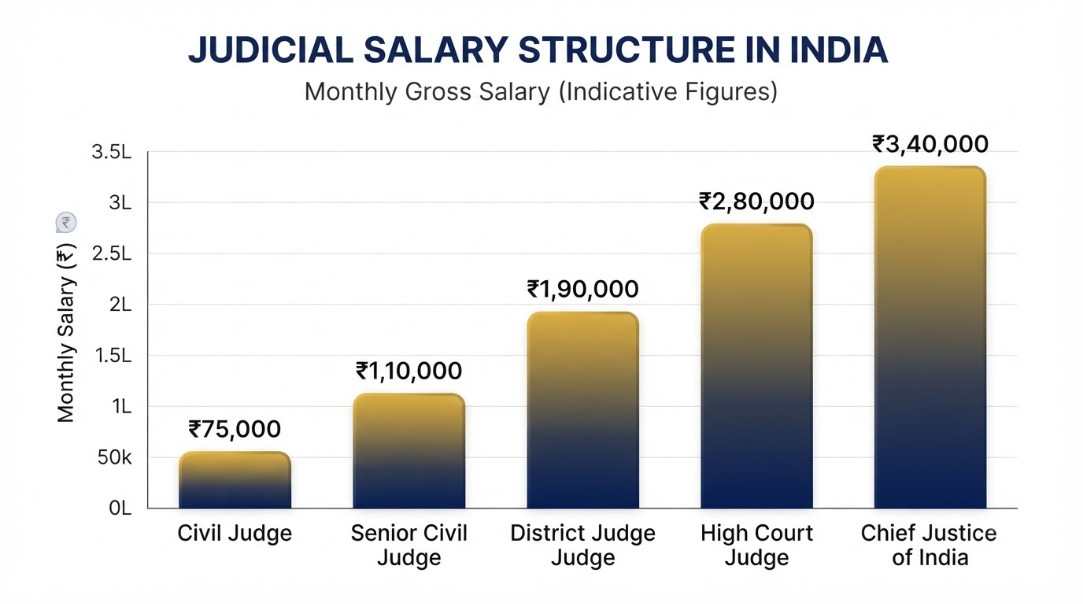 Bar chart showing monthly salary progression from Civil Judge to Chief Justice of India