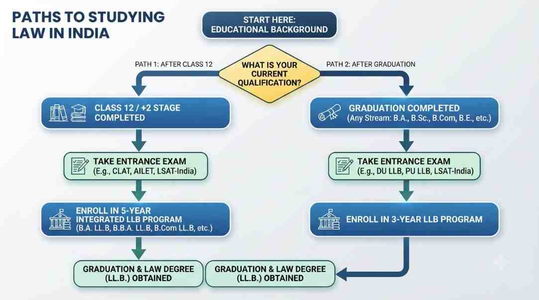 Flowchart showing which law education path suits Class 12 students vs graduates in India